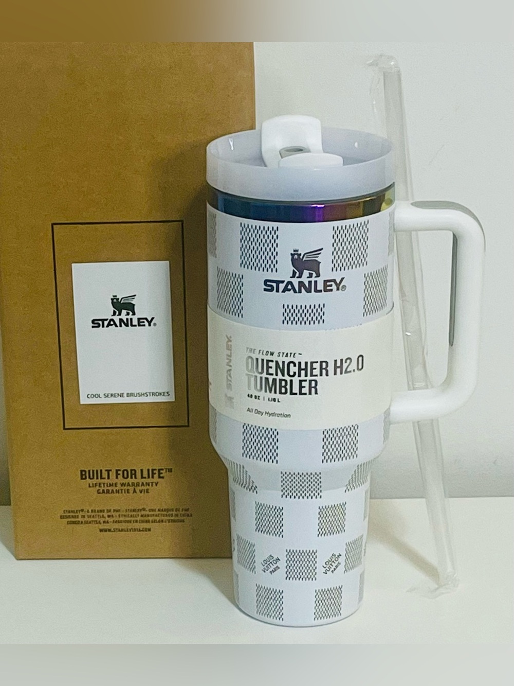 Stanley White Checkered LV Travel Tumbler with Handle 40oz - White
